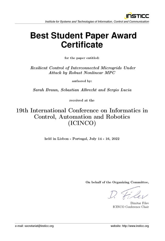 Certificate of "Best Student Paper Award" of Sarah Braun