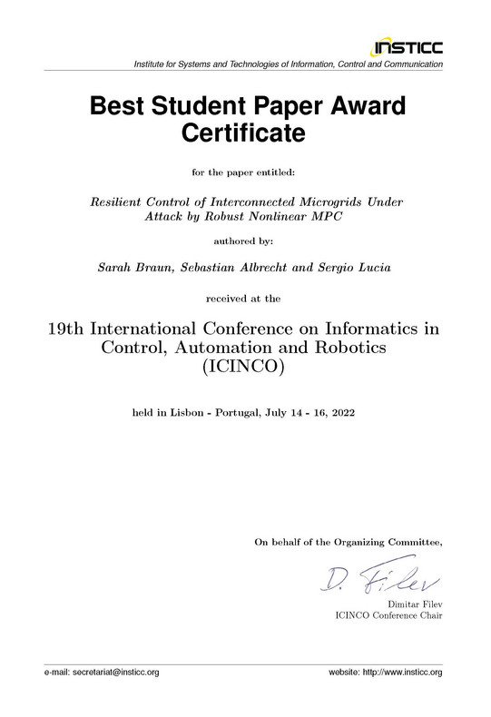 Certificate of "Best Student Paper Award" of Sarah Braun